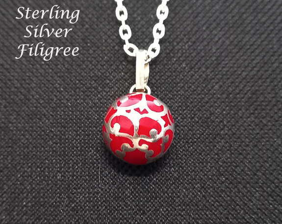 Harmony Ball Necklace Red Chime Ball Sterling Silver Filigree - Click Image to Close
